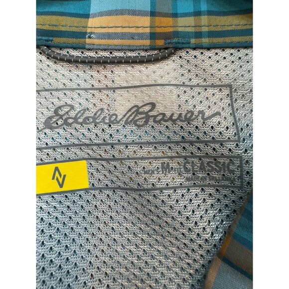 Eddie Bauer Mens Classic Fit Button-Down Shirt M Teal Blue Plaid - Picture 2 of 11